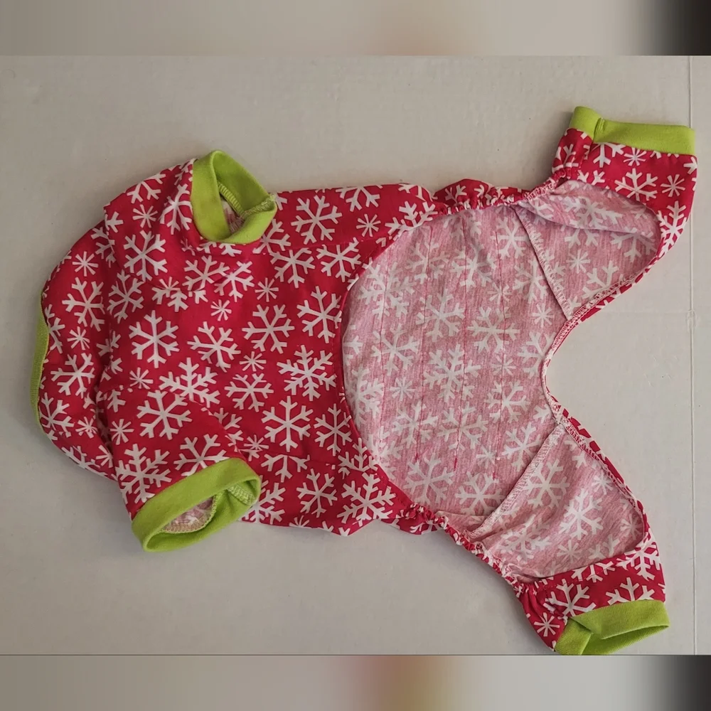 Dog cat outfit red white snowflakes green trim With ruffle Butt Pjs Pajamas